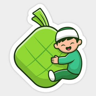 Cute Moslem Boy Hugging Ketupat Food Sticker